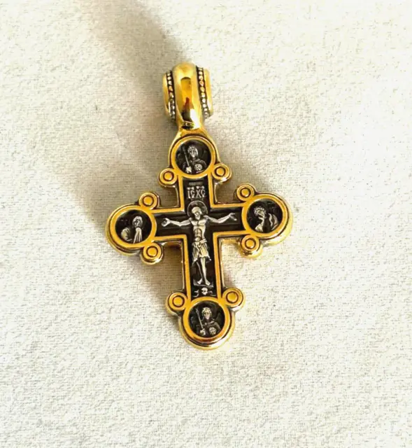 Sterling Silver 925 Gold Plate Crucifix Cross St Nicholas Angel Saint Medal