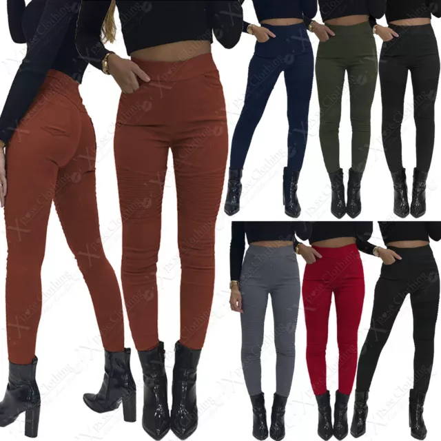 New Ladies Skinny Stretchy Biker Jeans Rib Knees Womens Slim Fit Pants Trousers