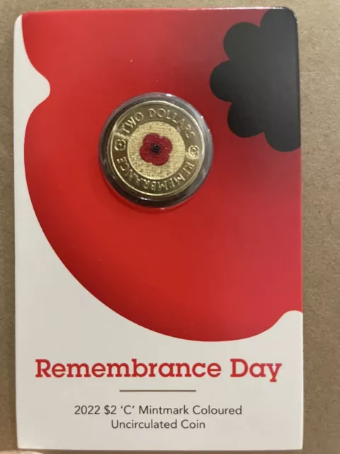 2022 Red Poppy Remembrance Day $2 'C' Mintmark Coloured Uncirculated Coin Card