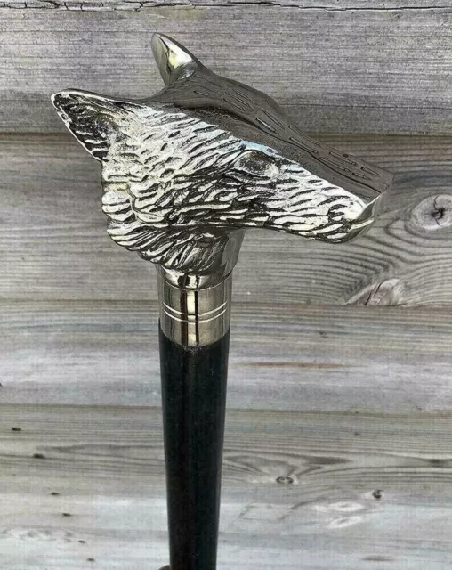 Antique Chrome Wolf Head Handle Wooden Inlay Cane Walking Stick Gift...