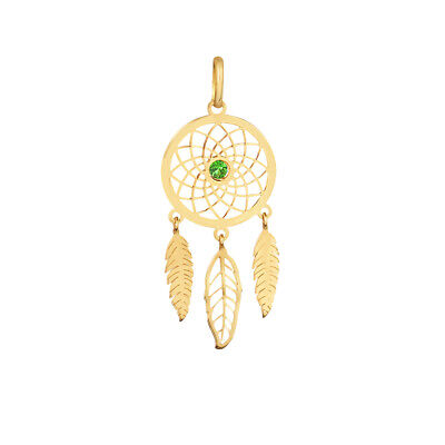 Dream Catcher 18k Solid Gold Feather Green Cubic Zircon 3 mm Charm Pendant