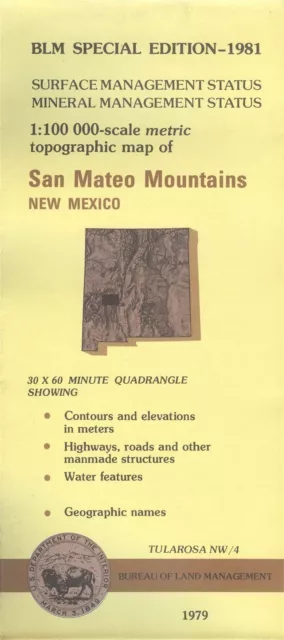 USGS BLM edition topo map SAN MATEO MOUNTAINS New Mexico -1981- mineral -100K-