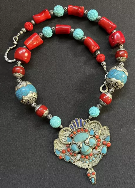 Antique Himalayan Tibetan Nepalese Turquoise & Coral Amulet Kathmandu Necklace.