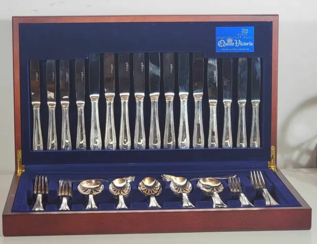 Vintage 57 Piece 8 Person Silver Plated EPNS Cutlery Set In Case Queen Victoria