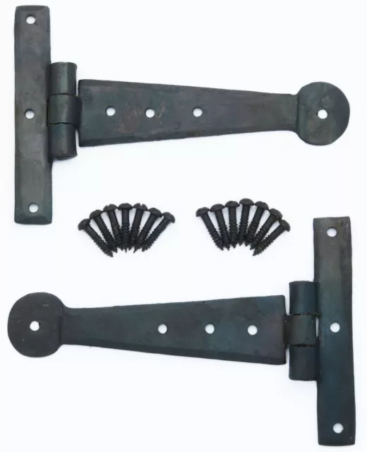 Pair 6 Inch Black Wrought Iron T Hinges  hand forged cupboard door hinge 6" 15cm