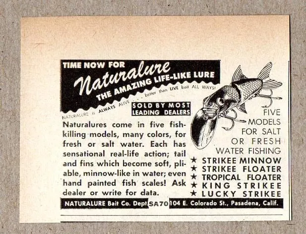 1950 Print Ad Naturalure Fishing Lures Pasadena,CA