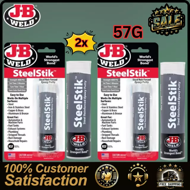 2x J-B Weld SteelStik Steel Reinforced Repair Epoxy Putty Filler Stick 57g