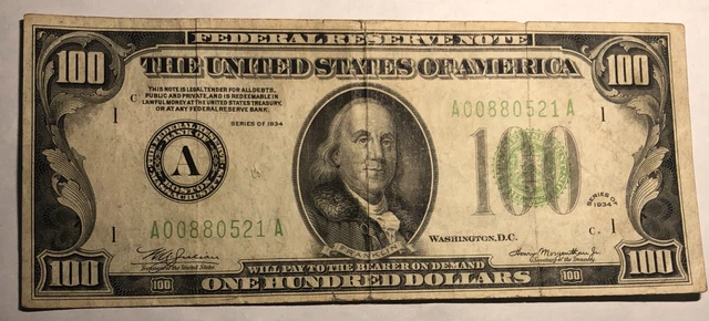 1934 green seal $100 bill. Federal Reserve Note A Boston. F-VF.  FR-2152A  #1