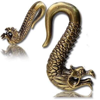 PAIR ORNATE 0g (8mm) TRIBAL DRAGON BRASS EAR WEIGHTS PLUGS TUNNELS STRETCH GAUGE