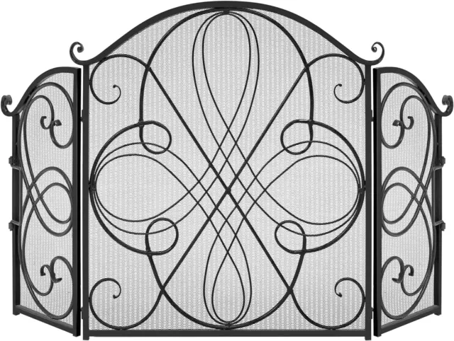 3-Panel 55X33In Solid Wrought Iron See-Through Metal Fireplace Screen, Spark Gua