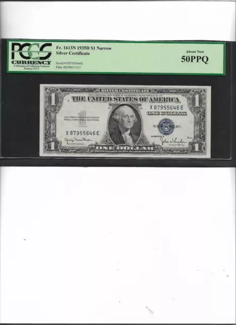 Narrow  Silver Certificate  Fr. 1613N 1935D $1 About New 50Ppq
