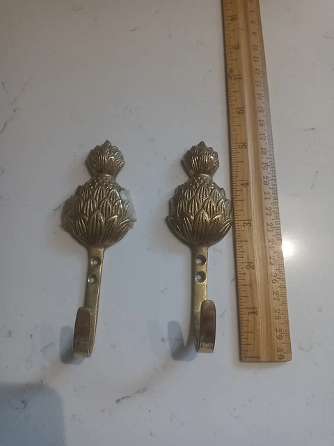 Brass Pineapple Hook Wall Mounted Hanger Towel Coat Robe 5 " pair of TWO hooks