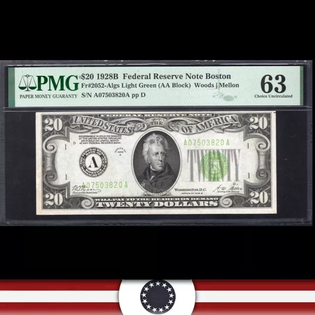1928-B  $20 BOSTON FRN *LIGHT GREEN SEAL* PMG 63  Fr 2052-A lgs 08243160A