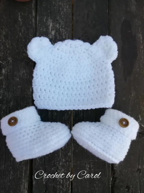 Unisex hand crochet newborn hat and booties set with teddy ears.