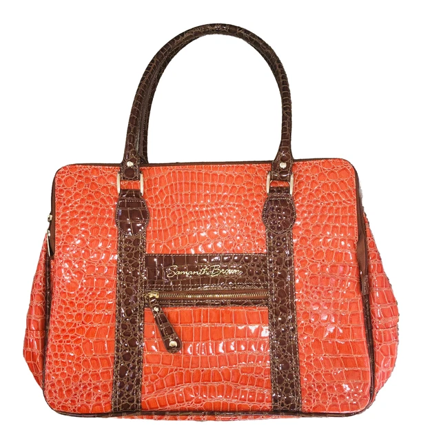 Samantha Brown Large Croc-Embossed  Travel Bag Weekend Tote Purse Orange / Brown