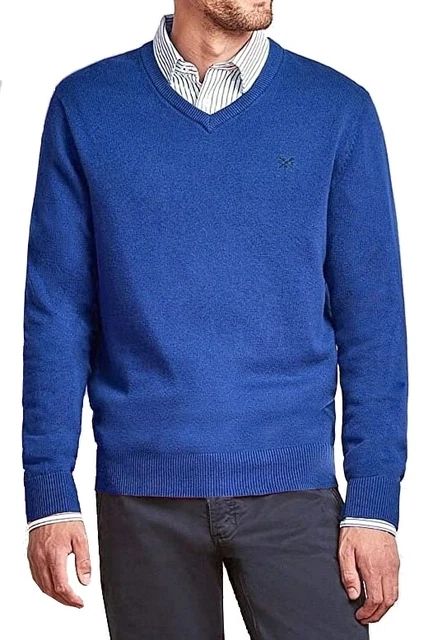 Crew Clothing Uomo Blu Foxley Scollo A V Cotone Maglione Pullover Maglia Piccolo