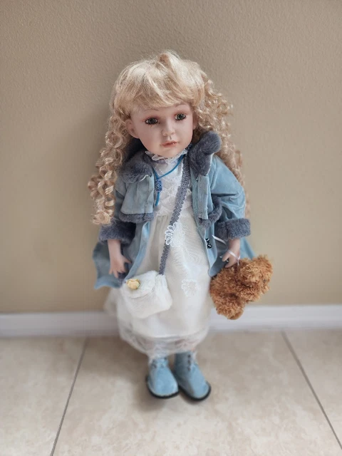 Duck House Heirloom Porcelain Doll Blonde Curly Hair Green Eyes