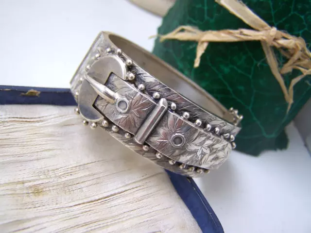 Vintage Antique Victorian Ornate Solid Sterling Silver 7" Buckle Bracelet Bangle