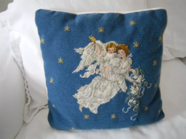 Vintage Wool Needlepoint and Petit Point Angel Pillow 12" X 12”