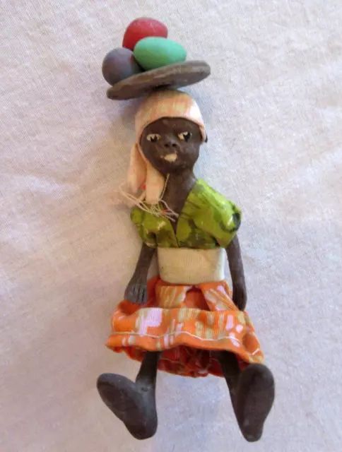 Vtg Folk Art Figurine African Caribbean Clay Doll with Fruit on Head 3.5" Tall