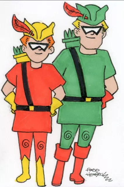 Fred Hembeck Sketch Card: Green Arrow and Speedy, JLA, Teen Titans (DC Comics)