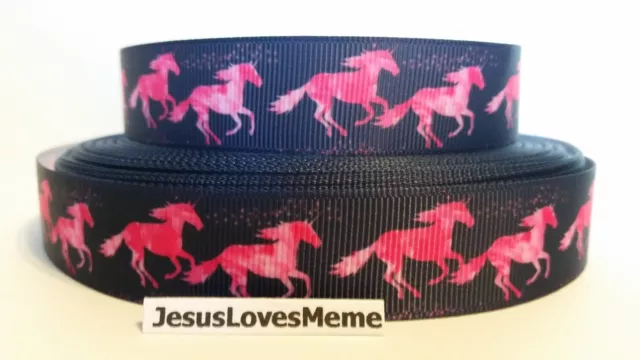 Grosgrain Ribbon Hot Pink Camo Running Horses Unicorns Pixie Dust Equines, 7/8"