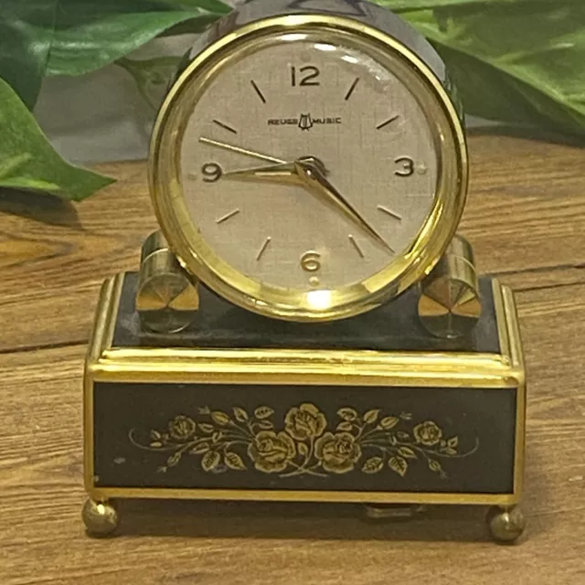 VTG Reuge Swiss Mechanical Alarm Clock Music Box Black Gold Musical Movement