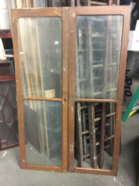 PAIR c1900-1920 OAK glass schoolhouse SCIENCE lab cabinet doors 69” h x 22”’w