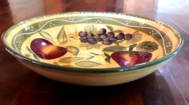 Large 13" Hand Painted Italy Fruit Design Glazed Ceramic Pottery Serving Bowl