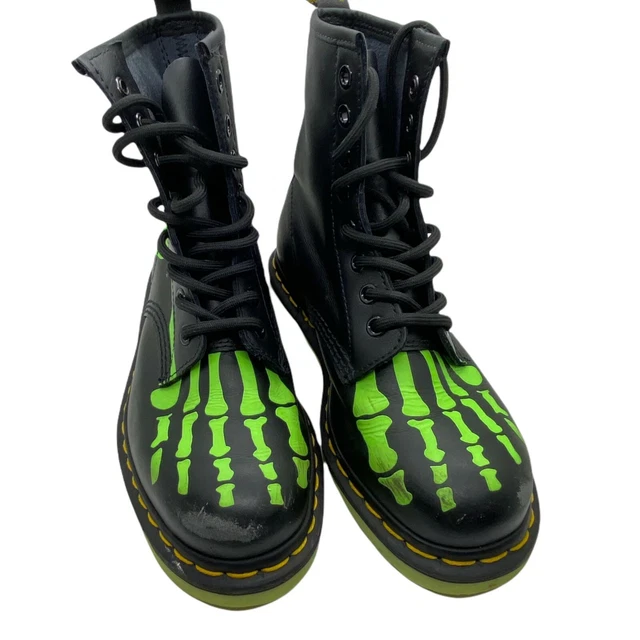 Dr Martens Skeleton Combat Boots Women Skelly Glow Green Round Toe Lace Up SZ 5