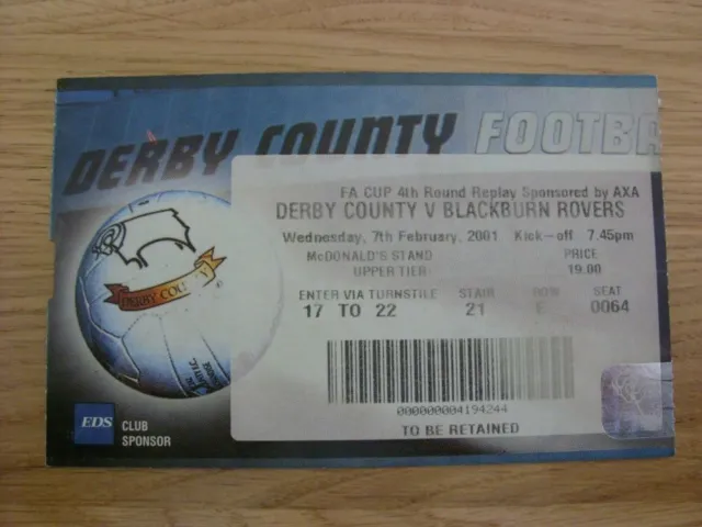 07/02/2001 Ticket: Derby County v Blackburn Rovers [FA Cup] . Footy Progs/Bobfra