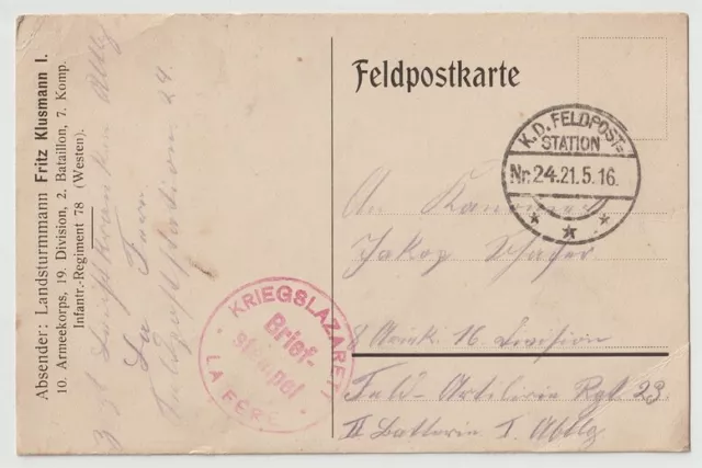 Feldpostkarte Landsturmmann aus Kriegslazarett Sonderstempel, aus 1916, gelaufen