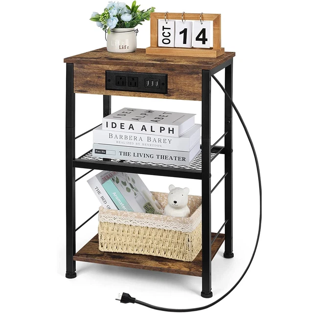 Bedroom Nightstand with Charging Station, Storage Shelf Side Table w/USB Ports