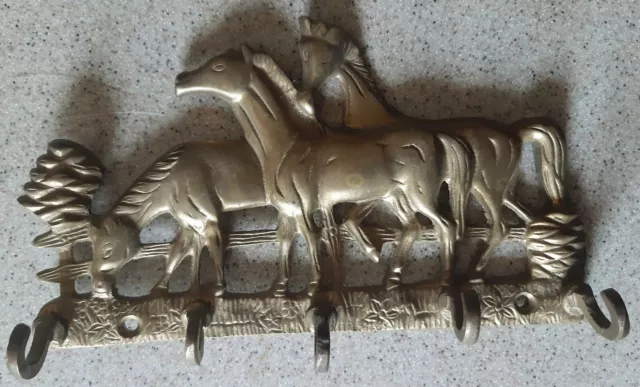Solid Brass Three Horse Foal In Pasture 5 Place Wall Hanger 6-3/4" x 3-3/4"