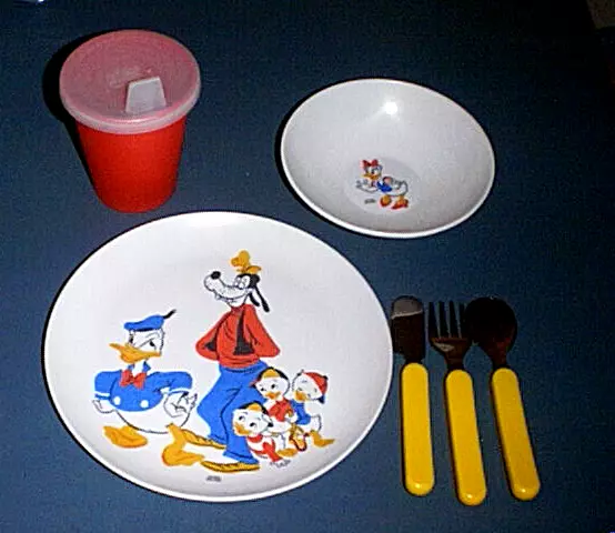 Plato DONALD DUCK & GOOFY, tazón PATO MARGARITA, taza para sorber y utensilios los PRIMEROS AÑOS