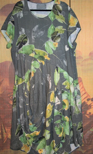 GRIZAS 3XL Fabulous Long Linen Bubble Dress 54"Bust Summery Green/Grey Floral GRIZAS 3XL Fabulous Long Linen Bubble Dress 54"Bust Summery Green/Grey Floral