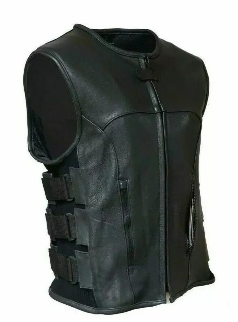 Men's Motorcycle Biker Updated Tactical Swat Style Leather Vest New Black