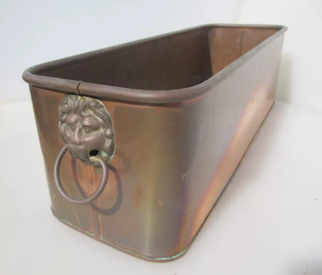 Vintage Copper Trough Tub Old Brass Lion Handles Planter Plant Pot Antique 18"