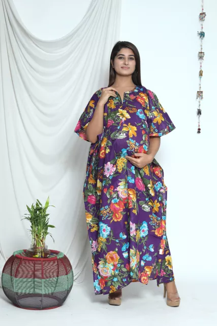 Indien Coton Floral Maternité & Téter Salon Robe avec Avant Fermeture Caftan
