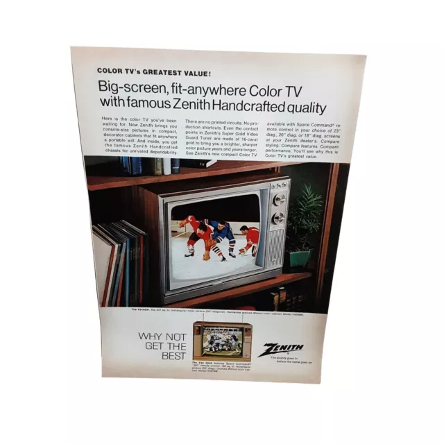 1967 Zenith Color TV with Hockey vintage Original Print ad