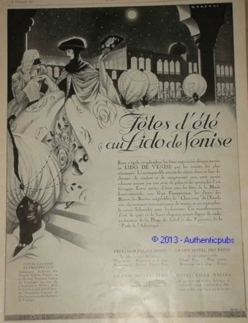 Publicite Venise Fetes Ete Au Lido Carnaval Signe Lorenzi De 1927 French Ad Pub