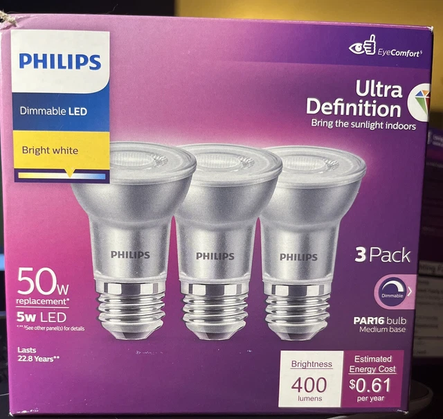 Philips 3pk 50w Par16 Medium Base LED 5w Dimmable Ultra Definition New
