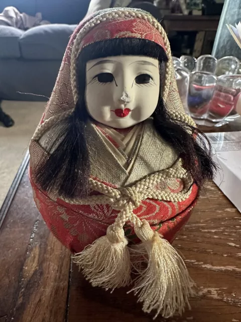 Japanese Wooden Doll Vtg Hime-Daruma Statue Kimono Traditional Craft Red Woman