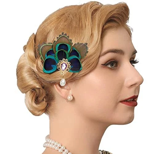 Vintage 1920s Gatsby Headpiece Peacock Feather Hair Clip Crystal Cocktail