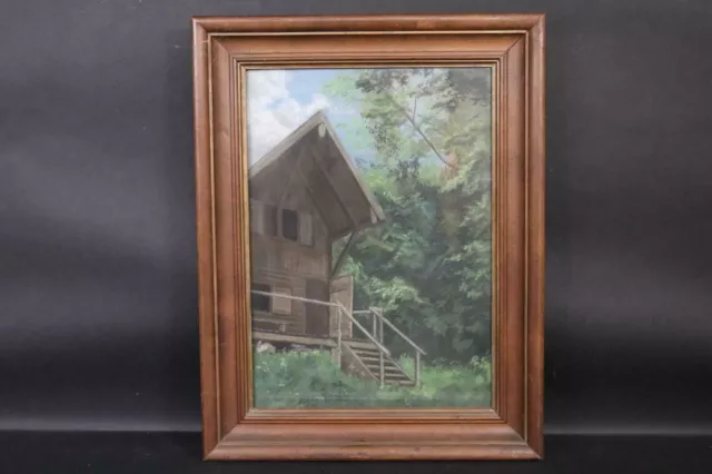 * Schönes antikes Pastell-Gemälde mit Rahmen, Blockhütte im Wald, um 1870-1890 *