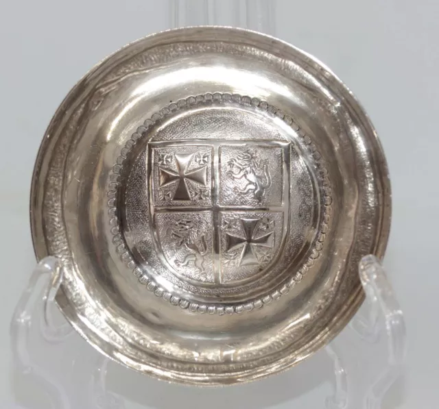 INTRIGUING 19th/20thC 800 SILVER REPOUSSE COAT OF ARMS WINE TASTER or BOWL