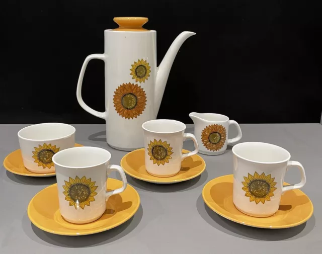 J&G Meakin Coffee Pot, Sunflower Set, Milk Jug, Sugar Bowl, 3 Cups/saucers