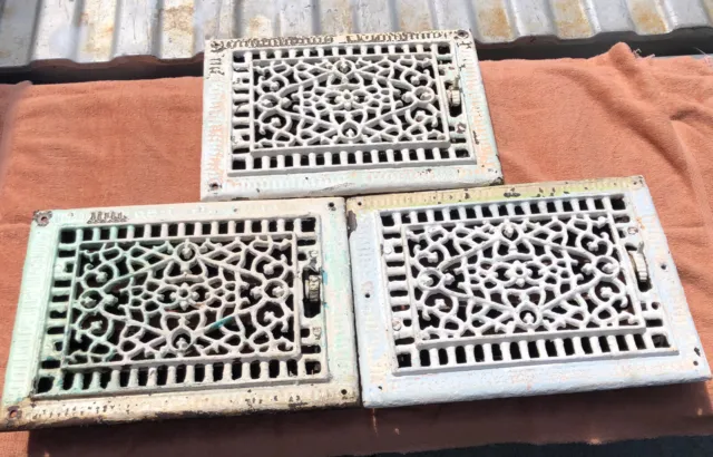 3-Early Milwaukee Cast Iron Floor Grate Heat Register Covers 14x11 With Louvers