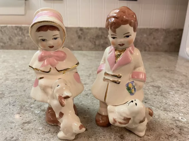 Vtg Ceramic Porcelain Boy Girl Puppy Dog Pink Brown Gold Trim Figurines 50’s Era