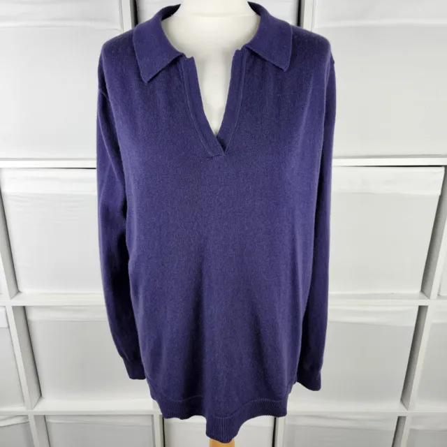 Woolovers Purple Collared Jumper Size L 16 18 Merino Cashmere Blend Fine Knit
